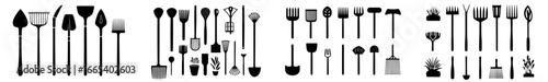 The tools include a spade, shovel, rake, pitchfork, hoe, and planting trowel