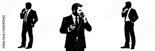 In front of a white background, a suited man is lost in contemplation