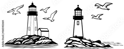 A contemporary linear image set against a white backdrop, featuring a single line, with a lighthouse situated on the shore