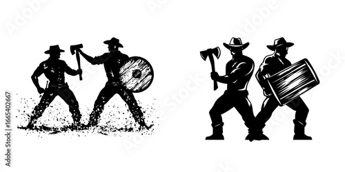 Modern art features a silhouette of a lumberjack chopping wood in black against a solid white background