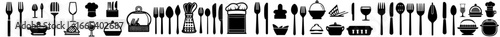 A set of food icons includes a plate, fork, knife, spoon, and logotype menu, as well as cutlery icons, tableware signs, catering icons, and restaurant signs
