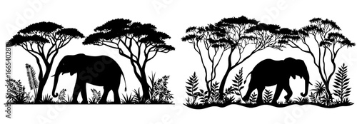 A modern elephant silhouette is set amidst a jungle with surrounding trees and leaves