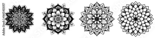 This stunning black and white illustration features a stylized floral mandala with intricate details, ideal for bringing elegance and serenity to any design