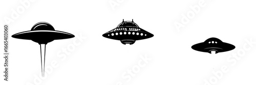 A minimalist black and white illustration of a UFO descending, leaving a trail of light, is referred to as an Unidentified Flying Object, perfect for science fiction, mystery, or extraterrestrial
