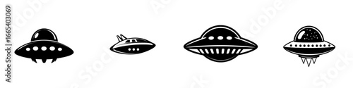 The image is a simple black and white illustration of a UFO hovering over a landing spot, casting beams of light