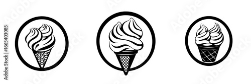 A simple and stylish black and white illustration of an ice cream cone is presented in the Ice Cream Cone Icon, suitable for branding, marketing, or design projects