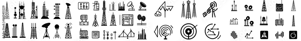 Obraz premium Icons for wireless communication include antenna icon sets and radio antenna icons, as well as communication and radio tower icons, and modern network illustrations