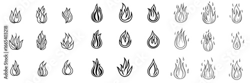 The Flame Icon Set offers nine minimalist line art flames to add a fiery touch to your designs