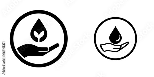 The Water Drop in Hand Icon features a straightforward design of a hand grasping a water drop, effectively communicating the importance of preserving water resources and promoting sustainability