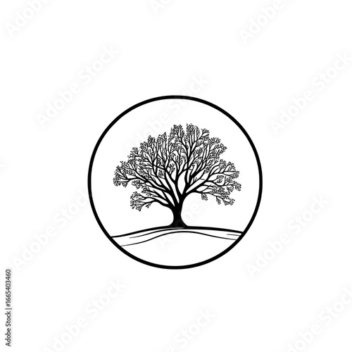 The image of a tree growing from the earth, enclosed within a circle, represents a fusion of growth, natural beauty, and balance in a minimalist line art style