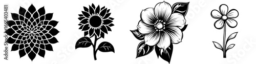 This black and white icon, titled Simple Flower Icon, boasts a minimalist and elegant design, featuring a stylized flower accompanied by leaves, ideal for incorporating natural elements into your