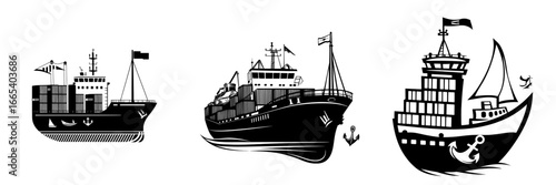The Cargo Ship Icon is a straightforward and impactful black and white illustration depicting a cargo ship navigating through the waves, complete with a small sail and anchor, ideal for logistics and