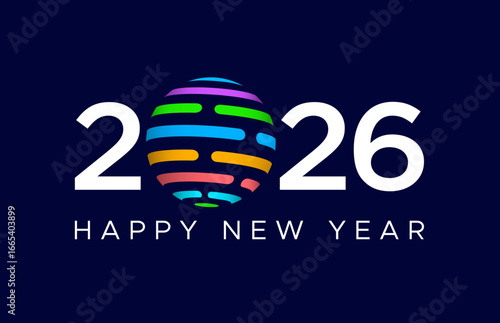 2026 happy new year typography logo with colorful technology globe
Colorful digital sphere or fibre optics 2026 vector illustration
data or technology theme 2026 new year festival design