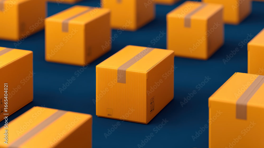 Fototapeta premium A collection of yellow boxes arranged against a blue background, emphasizing a modern, organized packaging theme.
