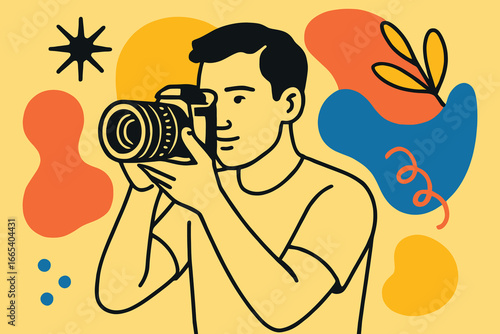 Creative man holding a camera capturing a moment with abstract shapes