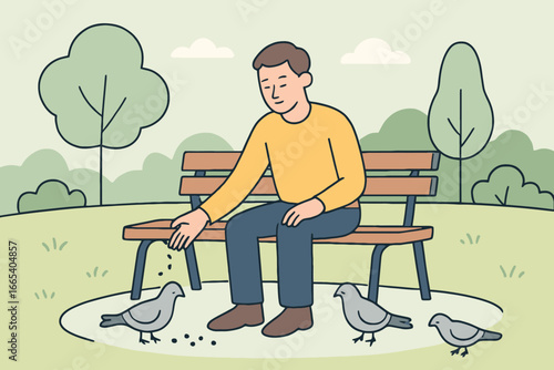 Man sitting on park bench feeding pigeons in a peaceful outdoor setting
