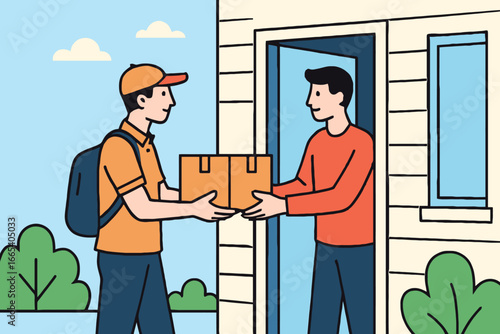 Delivery person hands package to customer at front door illustration