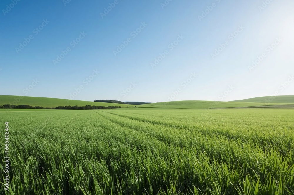 Fototapeta premium Green wheat field, rolling hills, sunny day, rural landscape, agriculture