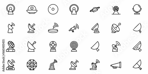 Modern icons depict satellite dishes, antennas, and communication devices for technology and connectivity themes.