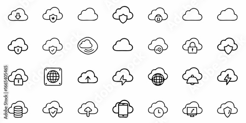 Secure cloud data icons for digital storage and network security, showcasing protection and access.