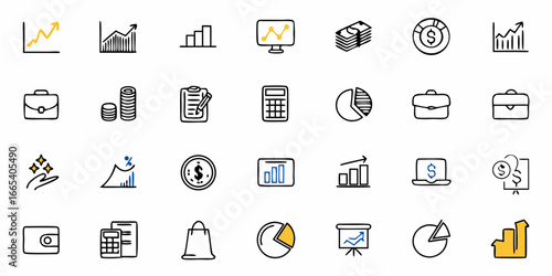 Doodle icons showcasing financial growth, investment, and business success with charts, money, and briefcases.