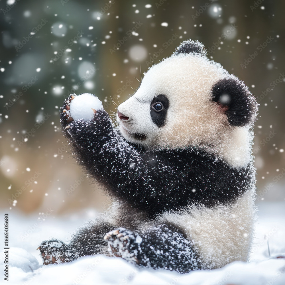 Fototapeta premium Panda cub pawing at a tiny snowball, fresh flakes falling around, playful winter wonderland scene, stunning nature photography, copy space. 