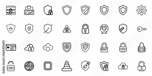 Modern business security icons protecting data with shields, locks, and keys for digital safety