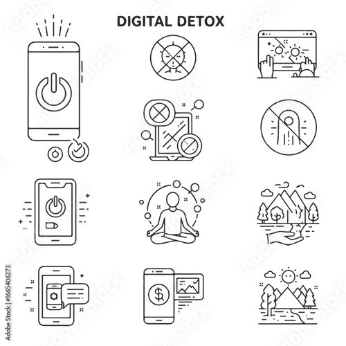 A collection of modern thin stroke vector line icons depicting digital detox, smartphone-free zones, meditation, and nature retreats, promoting mental well-being and disconnection.