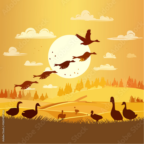 Vector Image: Silhouetted  Flock of Geese During SEasonal Migration 15