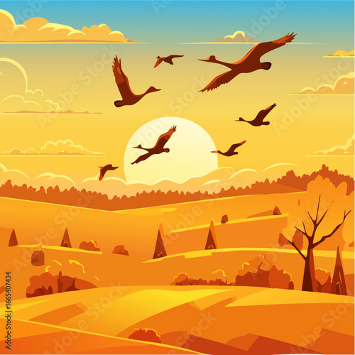 Vector Image: Silhouetted  Flock of Geese During SEasonal Migration 13