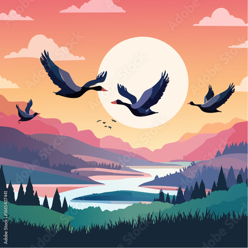 Vector Image: Silhouetted  Flock of Geese During SEasonal Migration 11