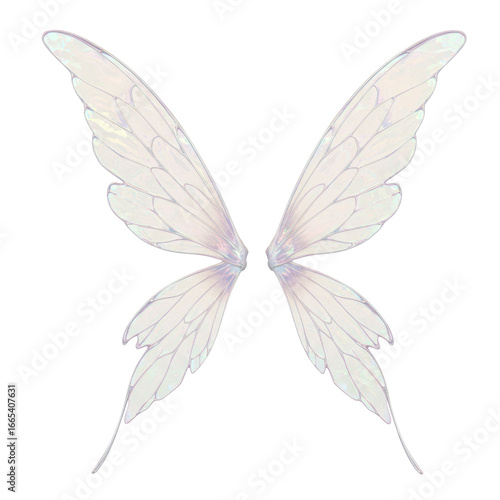 Large, delicate, translucent fairy wings with iridescent, opalescent rainbow hues and intricate veining, isolated on a transparent seamless studio background. High-key, high-angle,