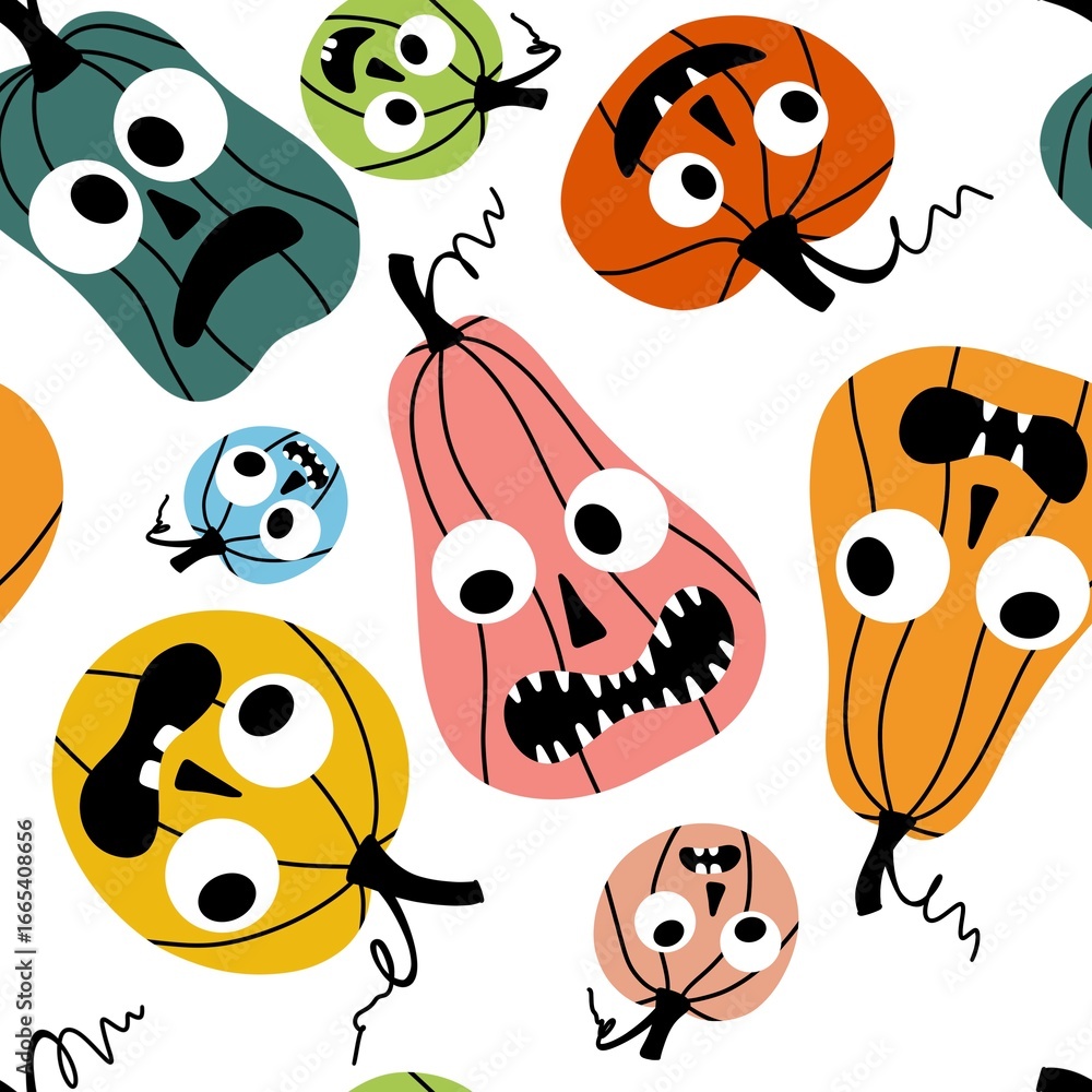 Fototapeta premium Autumn harvest vegetable seamless monster Halloween pumpkins pattern for wrapping paper and fabrics