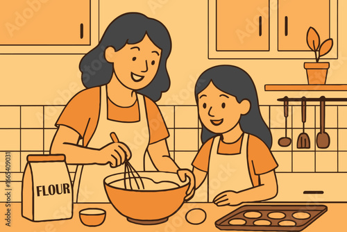 Mother and daughter happily baking together in a cozy kitchen