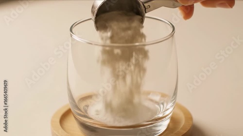 Close-Up of Scooping Nutritional Supplement Powder into a Clear Glass for a Healthy Morning Routine Drink.