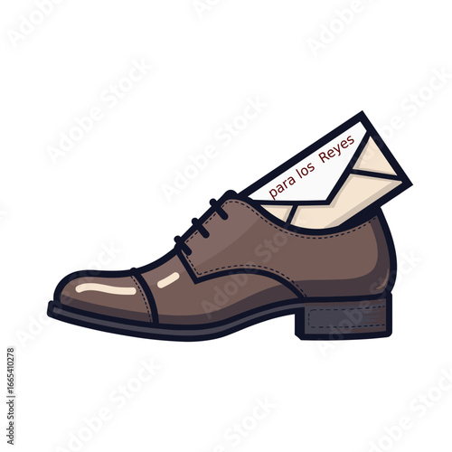 A man's shoe with a message from a child to three magi kings for the feast of the Three Kings