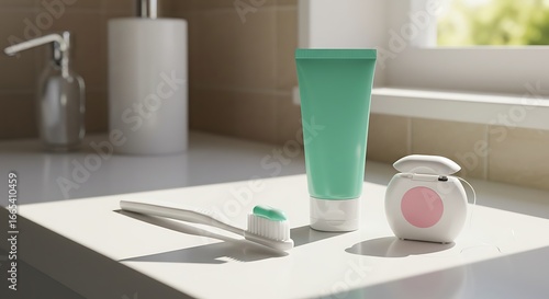 Morning Dental Routine: A close-up view captures the essential tools for a refreshing start to the day, emphasizing the importance of daily oral hygiene.