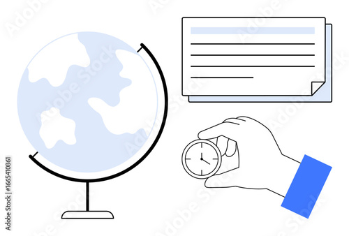 Globe on a stand, hand holding a stopwatch, and a document highlighting global time, organization, and task prioritization. Ideal for time, education, travel, strategy global projects scheduling