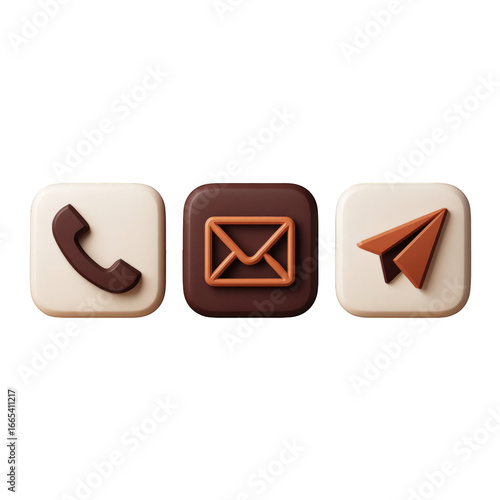 A set of three tactile 3D communication icons featuring a phone envelope and paper plane in earthy brown tones.