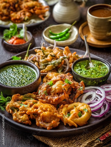 Pakistani pakora platter green chilies onions and chutneys crispy fried snack styled for South Asian cultural food stock photography