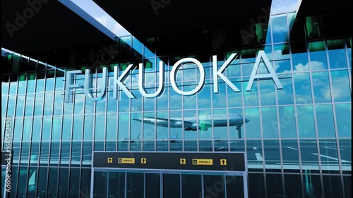Airlane landing at Fukuoka Japan. Arrival in the city with reflection of airport and aircraft