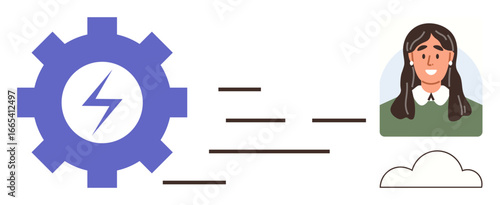 Gear symbol with lightning bolt, indicating energy and solutions, connected to a smiling user via digital lines and cloud graphic. Ideal for technology, innovation, workflow, connection