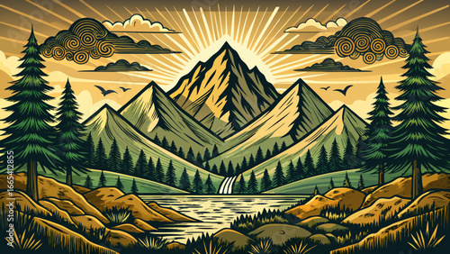 Engraved mountain peaks rise with dignity, forest landscape illustration radiates timeless charm, nature-themed designs whisper calm, horizon breathes poetry, eternal serenity glows gently, harmony in