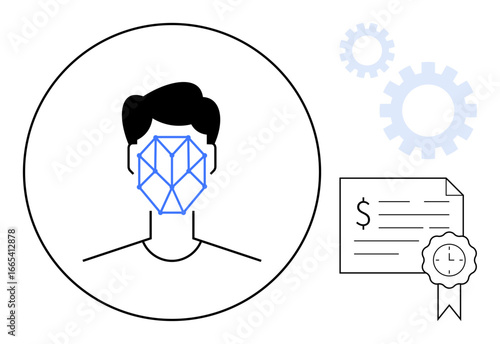 Human face with recognition grid, certificate with dollar and clock sign, gear icons symbolizing technology and success. Ideal for biometric authentication, AI, security, analytics, innovation