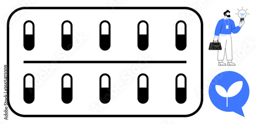 Pill blister pack, man holding lightbulb with briefcase, and sprouting plant in conversation bubble. Ideal for health, innovation, business, ideas, sustainability pharmacy eco solutions. Simple