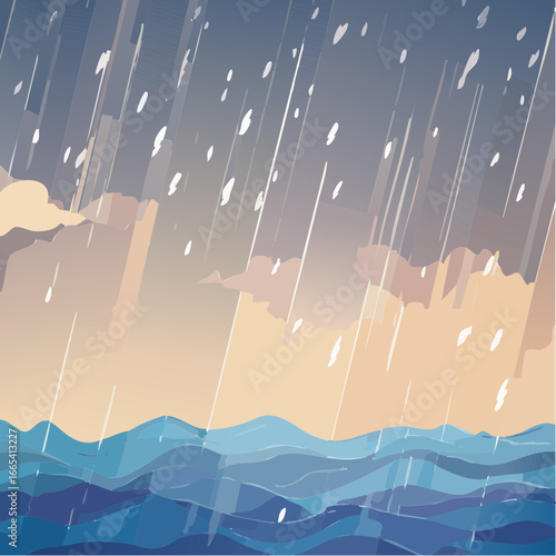 A picture of a rainy day over the ocean.