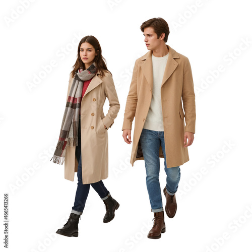 Stylish couple walking together in elegant tan coats, showcasing modern fall fashion trends for urban lifestyle and apparel advertising campaigns