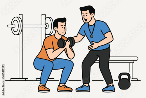 Personal trainer guiding a man performing a dumbbell squat exercise