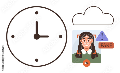 Clock indicating time, cloud symbol, and facial verification technology analyzing media for authenticity. Ideal for technology, AI, cybersecurity, identity protection, media reliability, ethics