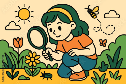 Curious young girl with magnifying glass explores nature and insects